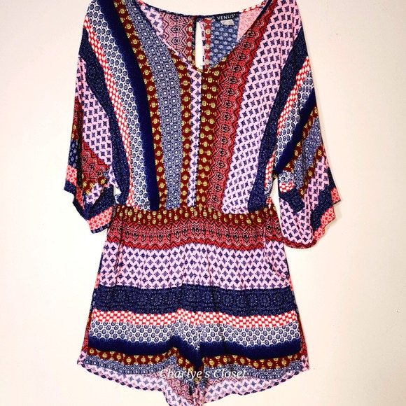 Venus Abstract‎ Print Boho Multicolor Bell Sleeve Romper M|Beach Vacation Lounge - Picture 4 of 10